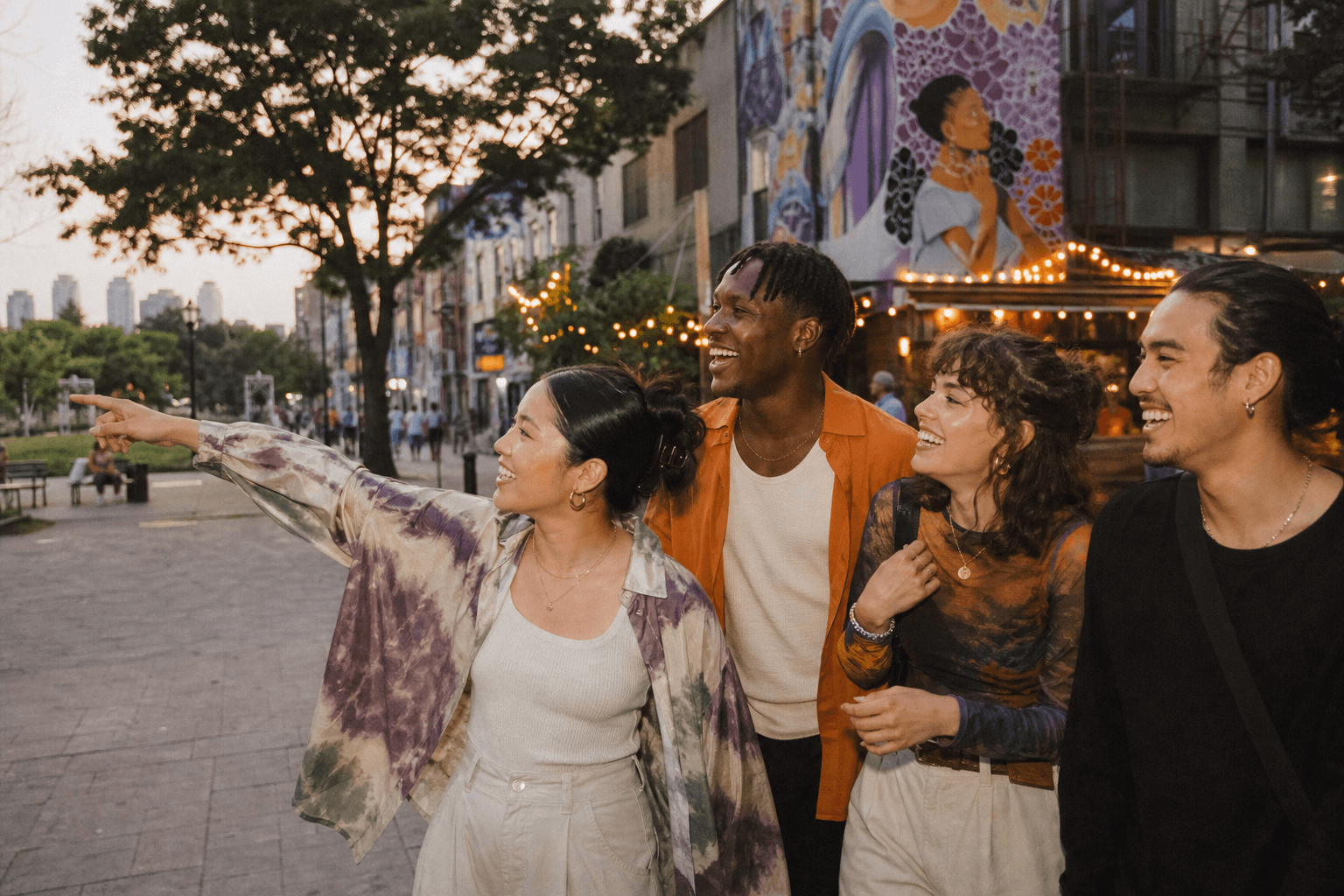 Friends discovering a mural-lined neighborhood together